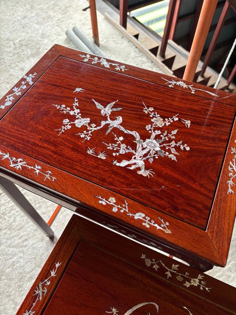 中国 螺鈿 青貝 螺鈿 象嵌 花梨 ネストテーブル サイドテーブル 4個セット