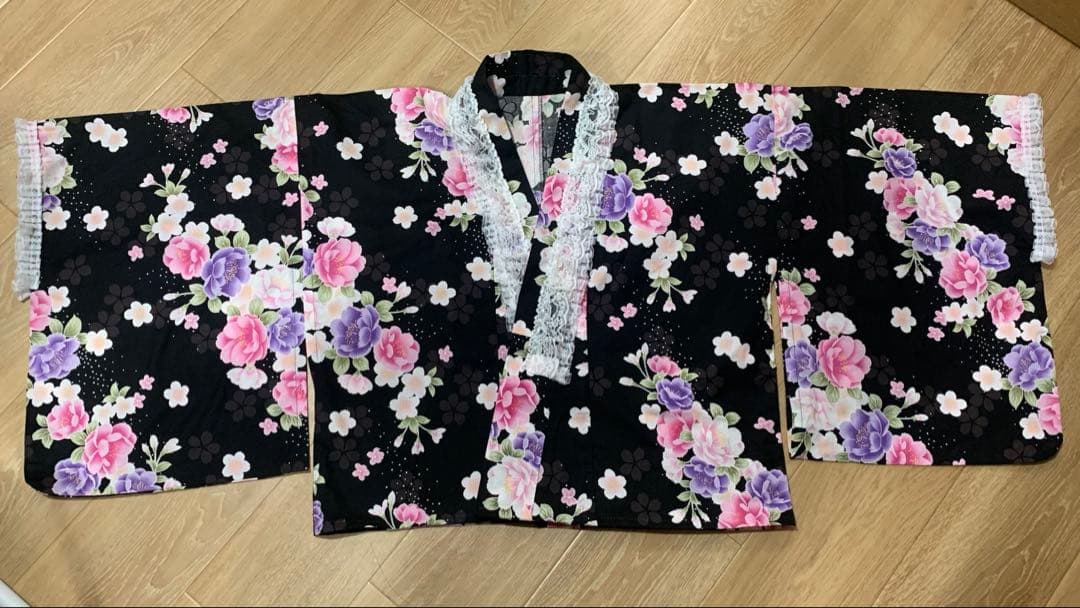 浴衣ドレス　姫ギャル　地雷　量産　平成　花柄　レース　かわいい　黒　ピンク