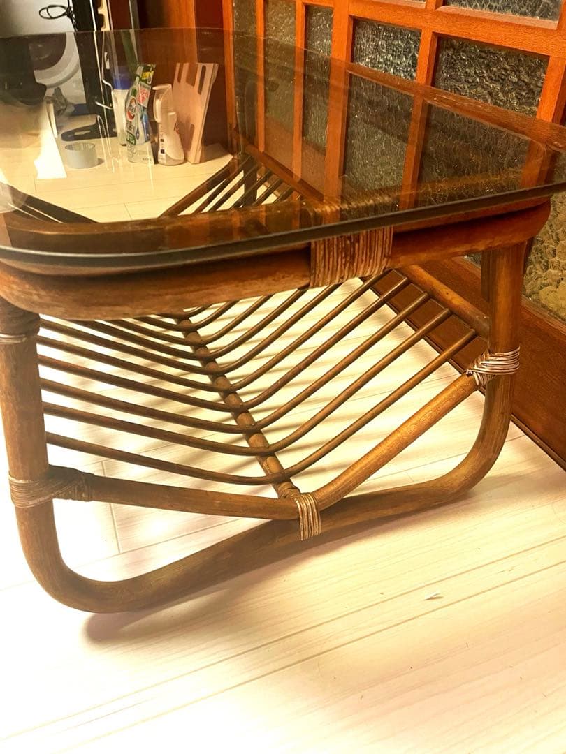 アンティーク ラタン ローテーブル ガラステーブル