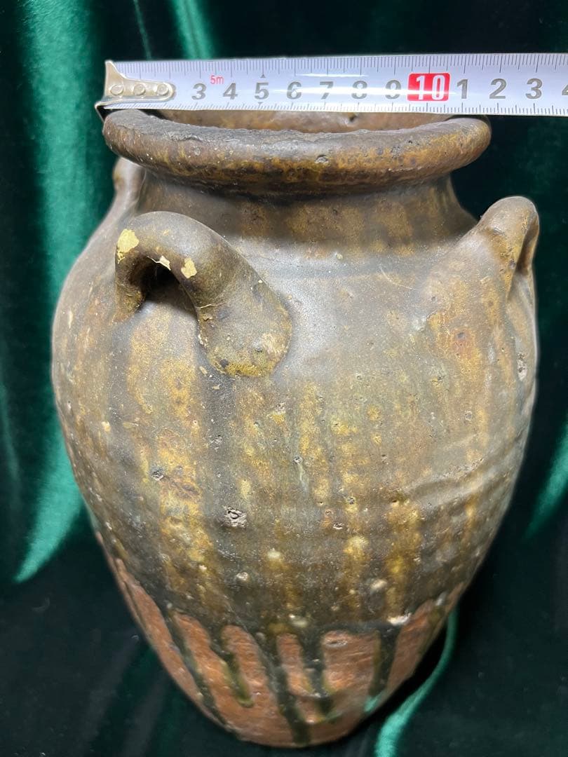中国明朝（青釉 四耳壺陶器骨董品 時代物 高さ27cmx12cm整理品現状品のみ