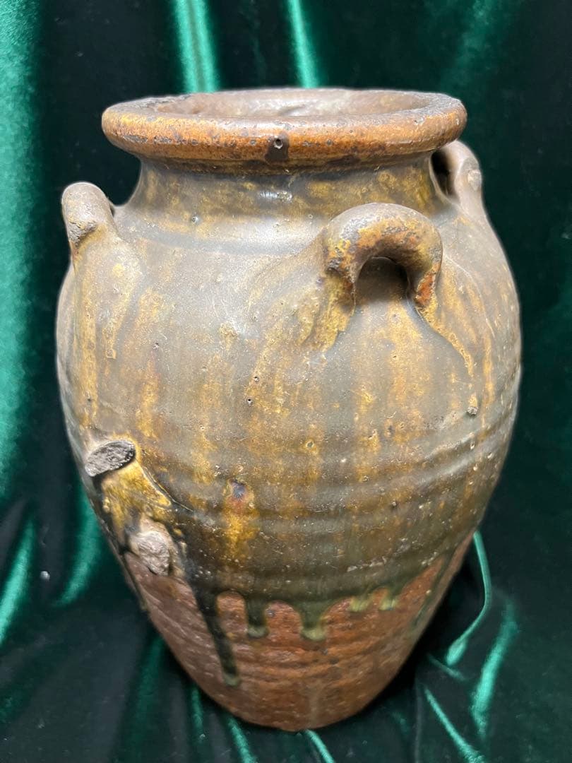 中国明朝（青釉 四耳壺陶器骨董品 時代物 高さ27cmx12cm整理品現状品のみ