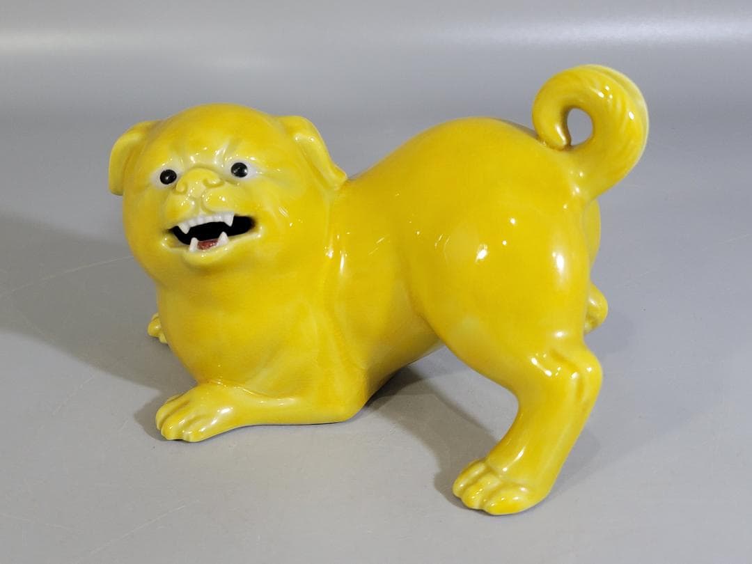 DT590 可愛い 黄釉 犬 駒 置物 陶製