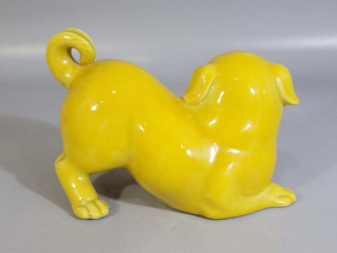 DT590 可愛い 黄釉 犬 駒 置物 陶製