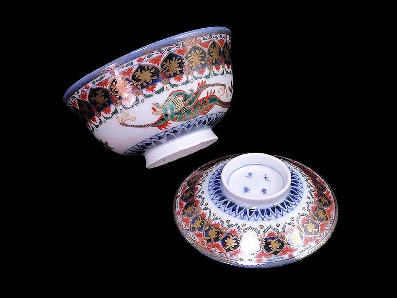 古伊万里　金襴手　瓔珞紋に龍の図　大振蓋茶碗　文政6年　D821AS-CIt