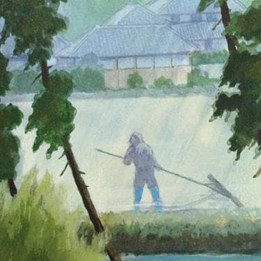 絵画「水明のころ～ 雨の日の代掻き作業」　水彩画