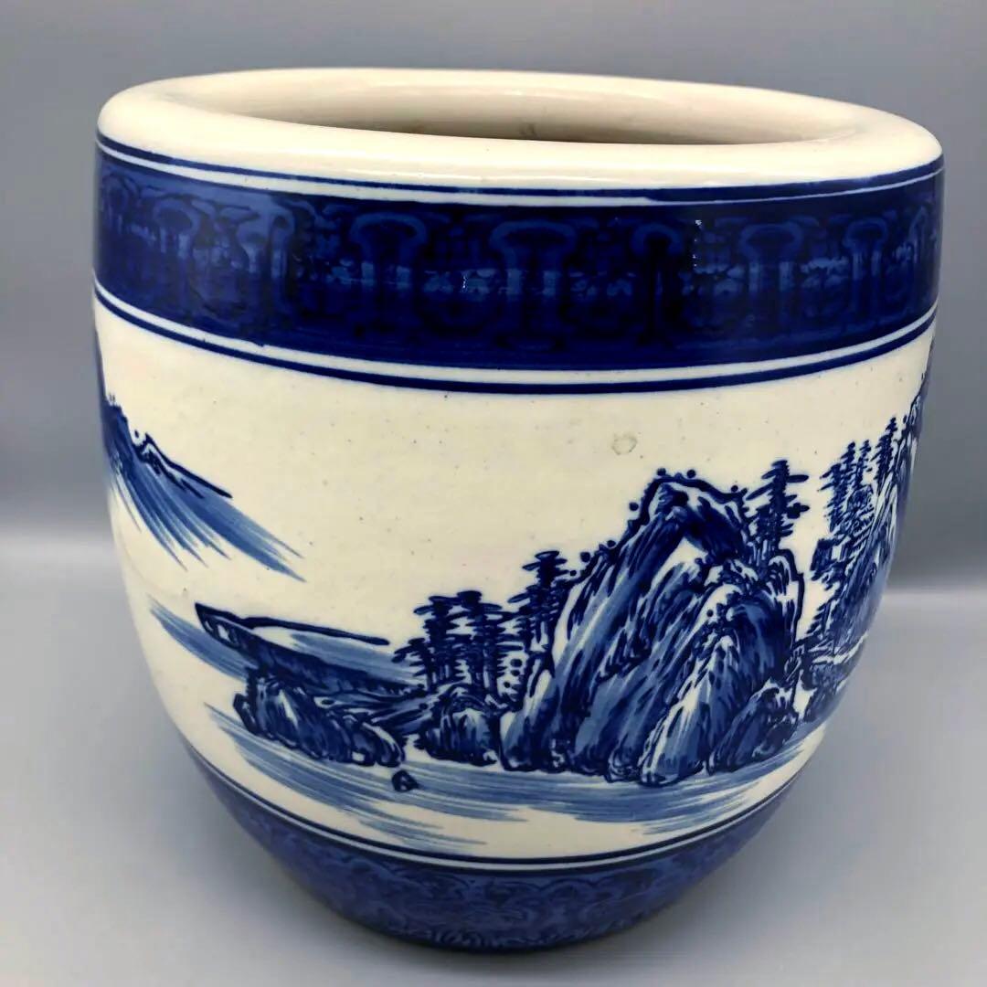 たちばな焼陶器藍色染め付け山水画火鉢24cm伝統工芸骨董品メダカ金魚睡蓮鉢