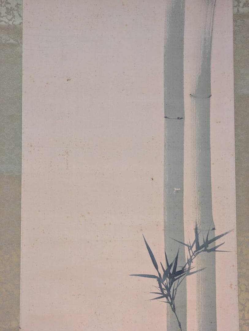 【真作】掛軸　尾竹竹坡　竹薔薇に青鳥図　繊細な筆致と雅な彩色　合箱入　R116