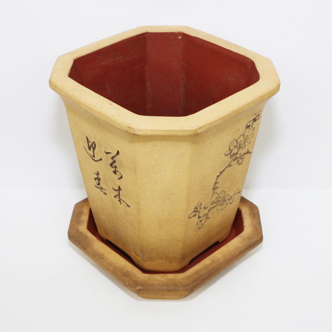 中国 唐物 古盆器 白泥釘彫絵梅花漢詩文