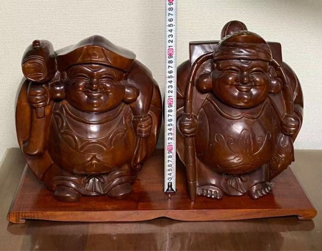 七福神 恵比寿と大黒天木彫 天然木彫刻 置物 開運風水 縁起物 商売繁盛 年代物