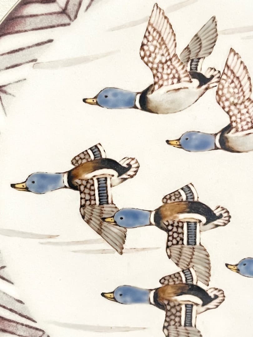 影山明志 陶板 色絵 水鳥飛翔紋 色絵 鳥紋 25.5㎝