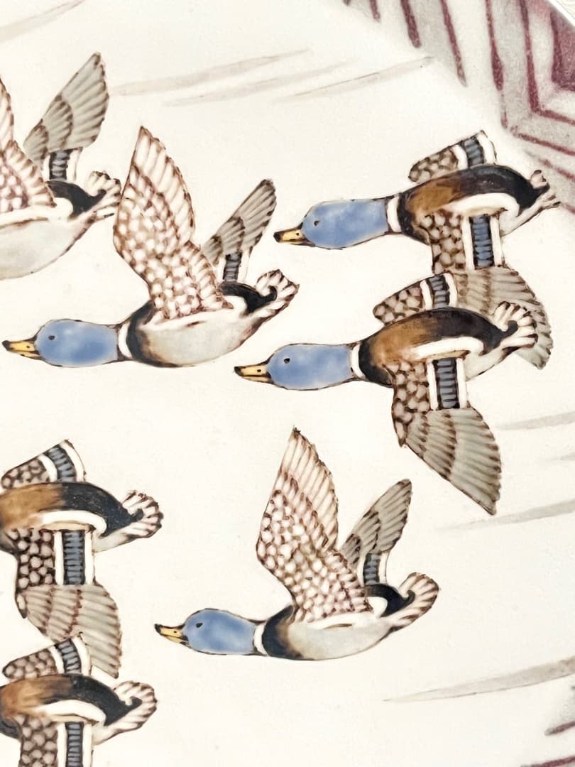 影山明志 陶板 色絵 水鳥飛翔紋 色絵 鳥紋 25.5㎝