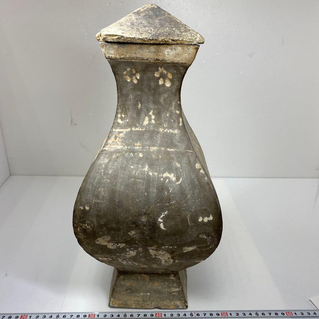 中国漢時代　灰陶加彩方壷　共箱　高さ43㎝　タカサニ　東な7-0301①