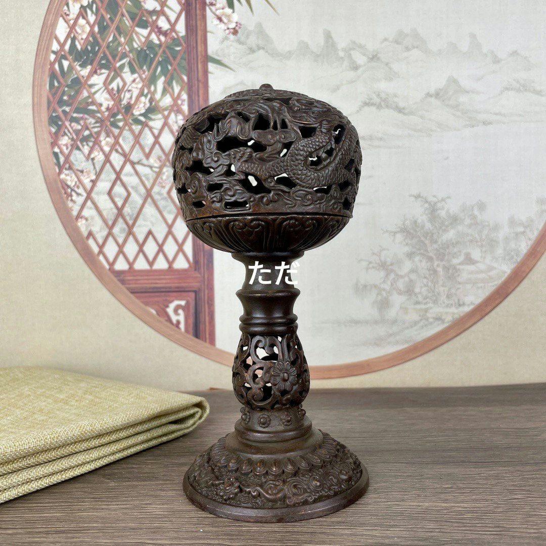 銅 細工 透かし彫り二龍戯珠祥雲盤竜薫る香炉 香道具 装飾品 工芸品 置物