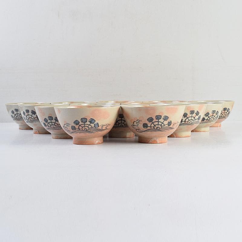 和食器　萬古焼　八幡窯　水車文　数茶碗　十四客　共箱　M　R9415B