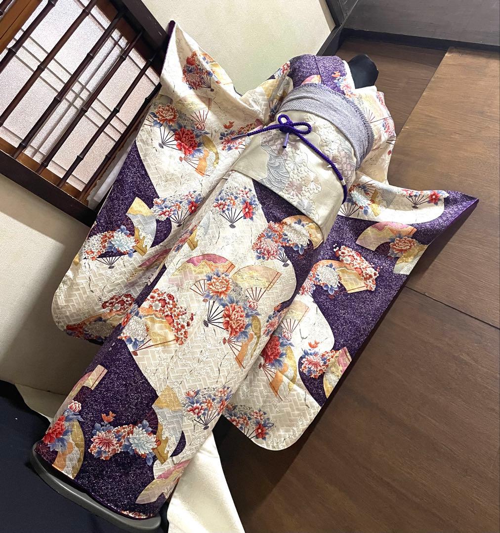 振袖 フルセット５点特価　サイズM正絹　 扇子花文　刺繍西陣袋帯