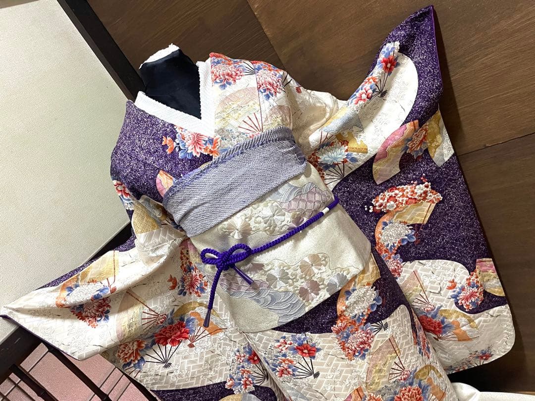 振袖 フルセット５点特価　サイズM正絹　 扇子花文　刺繍西陣袋帯