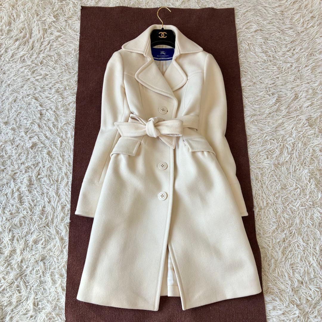 バーバリーブルーレーベル アンゴラ混 チェスターコート 裏地チェック ホワイト