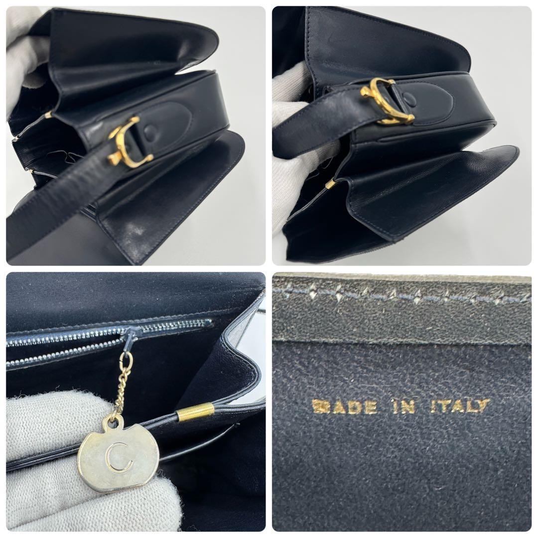 CELINE セリーヌ 馬車金具 カーフ レザー ショルダーバッグ 黒紺