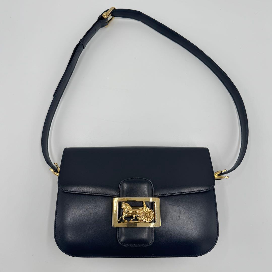 CELINE セリーヌ 馬車金具 カーフ レザー ショルダーバッグ 黒紺