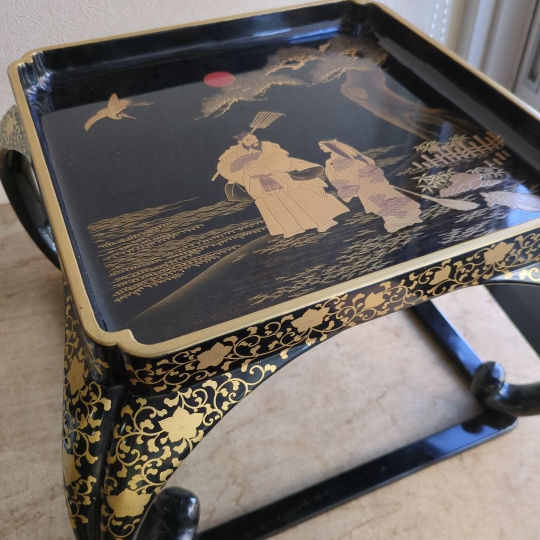 骨董 お膳 蒔絵 猫脚 高脚 木製 漆器 縁起柄 鶴亀 膳 台 飾り台 豪華