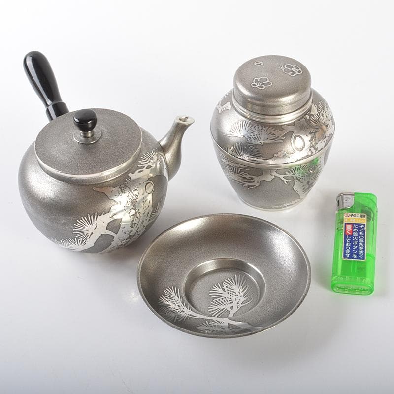 煎茶道具　本錫製　乾茂號造　四君子文　茶壷　急須　茶托　茶器　桐箱　FR6364