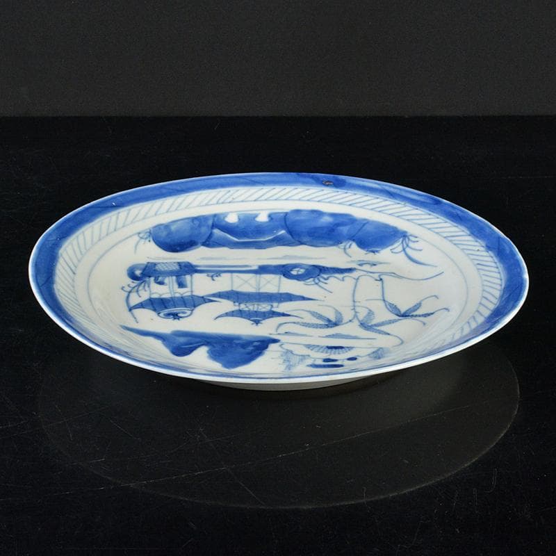 中国　青花　山水文盤　皿　直径約24.5cm　皿立付　V　R6420B