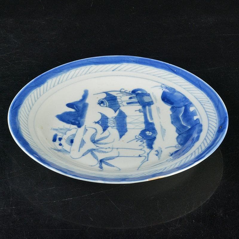 中国　青花　山水文盤　皿　直径約24.5cm　皿立付　V　R6420B