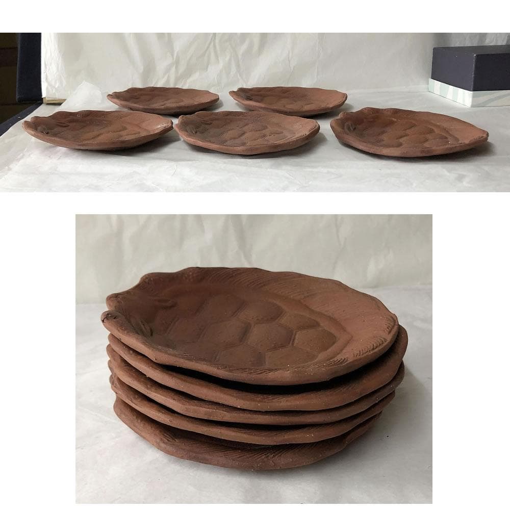 e2960 備前焼 亀甲皿 5枚 巾13～14cm せんべい皿 煎餅皿