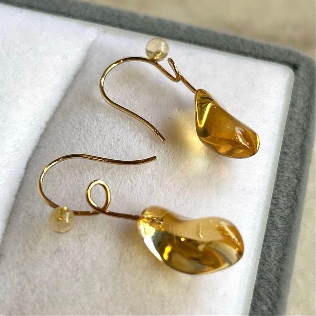 K18 シトリン フックピアス 刻印あり｜天然石 ゴールド 大人ジュエリー