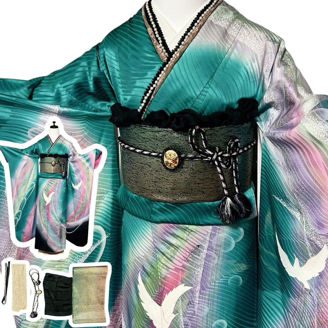 正絹　振袖　フルセット　６点　モダン　成人式　個性的　トール　裄丈長め