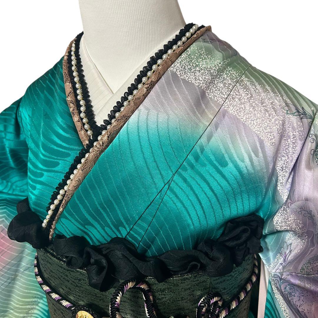 正絹　振袖　フルセット　６点　モダン　成人式　個性的　トール　裄丈長め