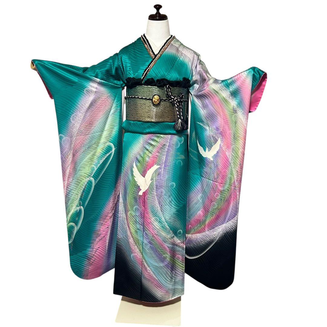 正絹　振袖　フルセット　６点　モダン　成人式　個性的　トール　裄丈長め