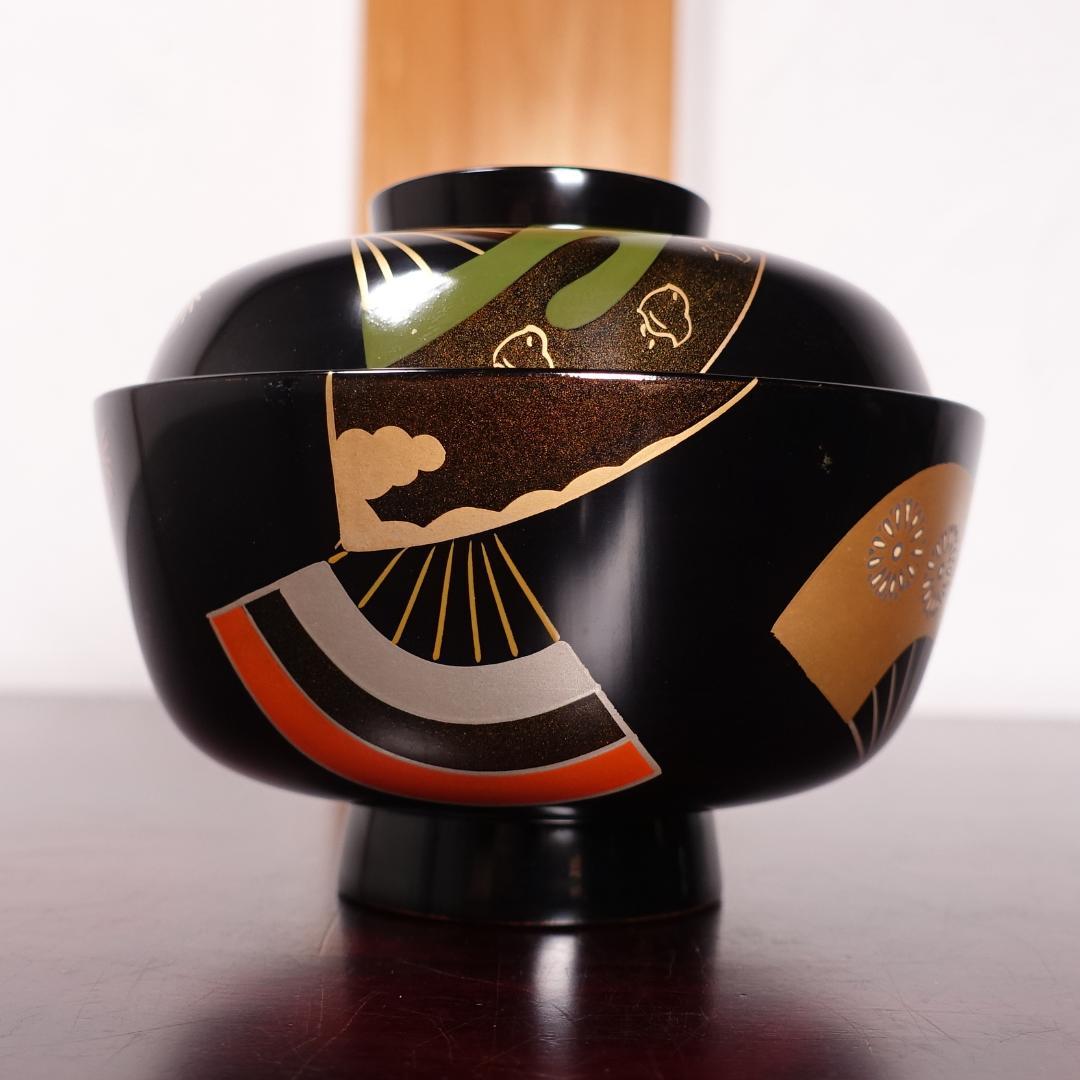 輪島塗 黒塗 扇蒔絵 煮物椀 5客 共箱 天然木製漆器