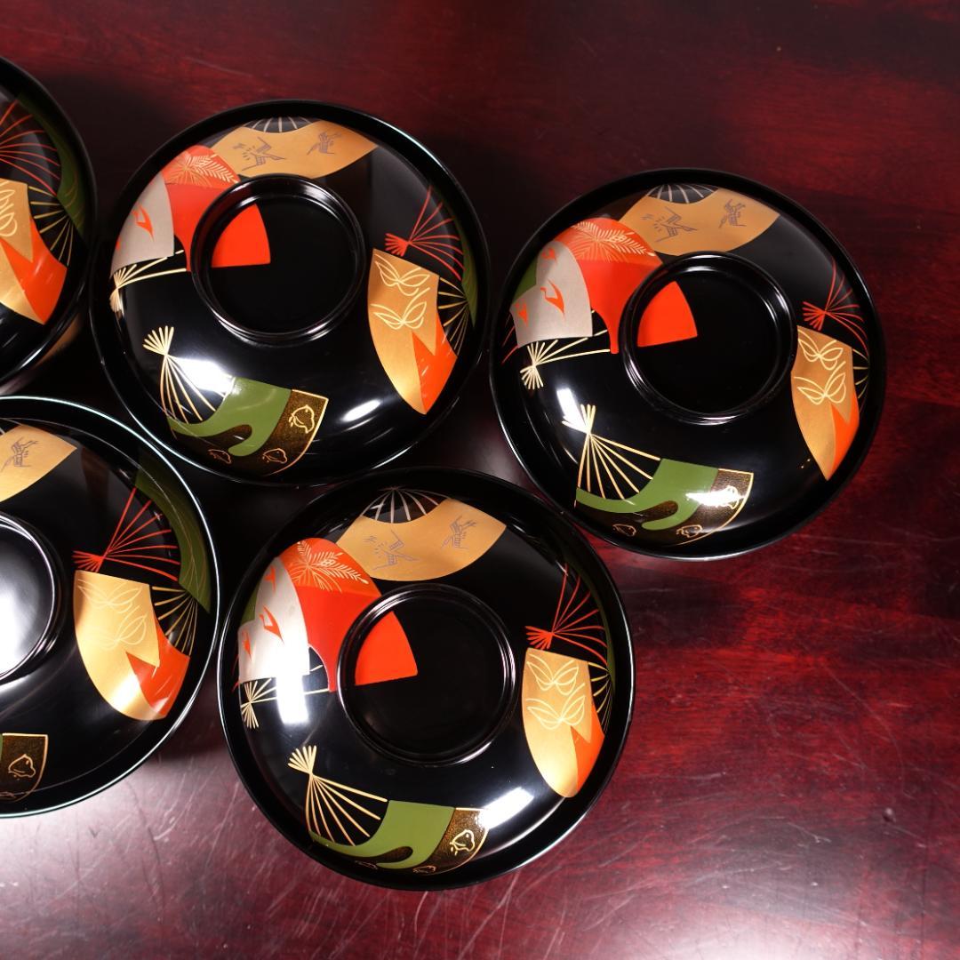 輪島塗 黒塗 扇蒔絵 煮物椀 5客 共箱 天然木製漆器