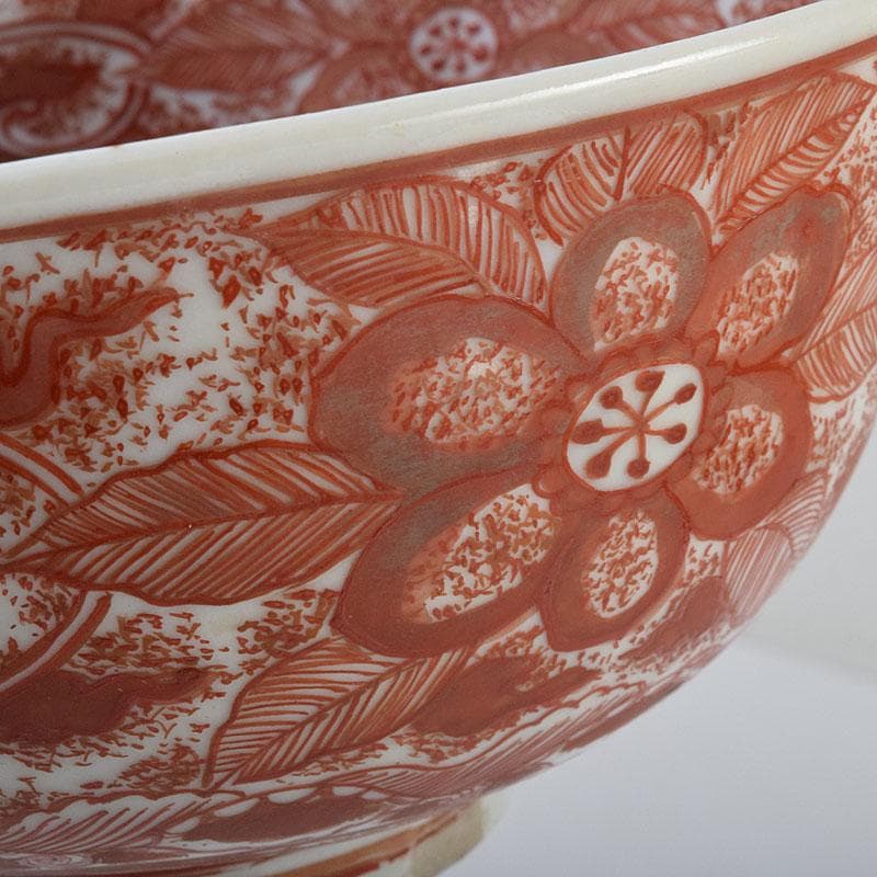 犬山焼　松原惣兵衛作　赤絵師道平絵付　赤絵唐草文　菓子鉢　共箱　V　R9507