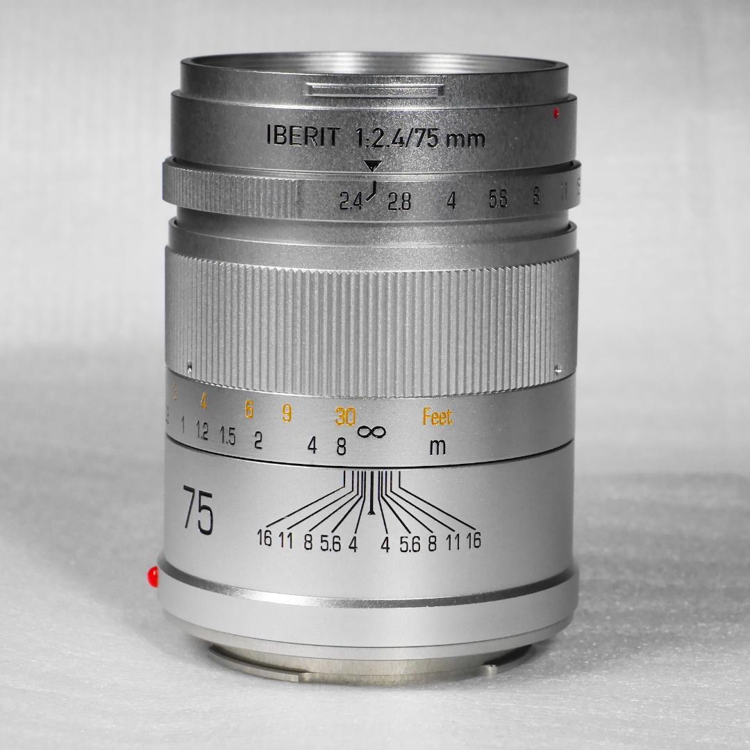 【極美品】IBERIT 75mm f/2.4シルバー，専用フード付，ソニーE用
