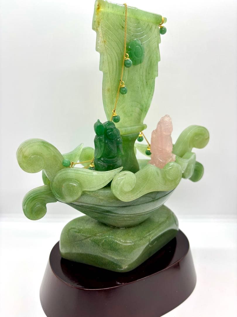 #伝統工芸士　斉藤本晴作 インド翡翠 『宝船 』彫刻置物