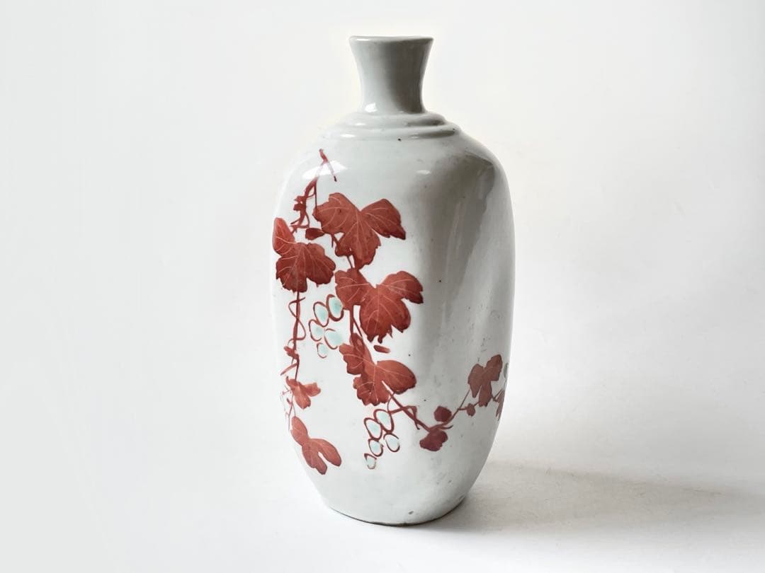 骨董　アンティーク　岩谷焼　蔦植物文　鞆徳利　徳利　保命酒徳利　赤絵　色絵　酒器