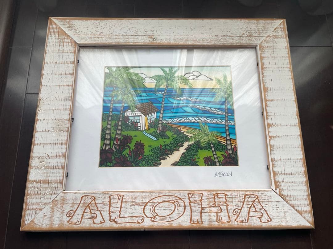 【専用】ハワイ　直筆あり　ヘザーブラウン　ビーチ風景 絵画 ALOHA額付き