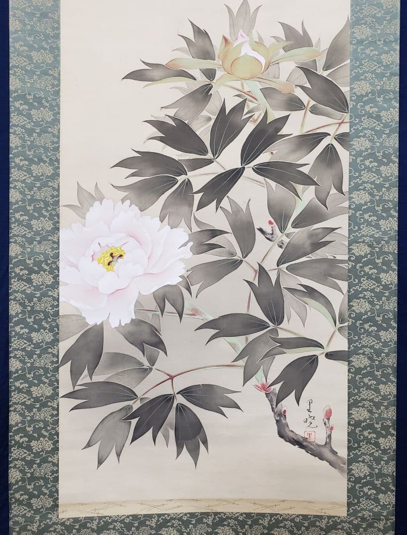 【牡丹図】里暁 2596 ボタン 共箱　掛け軸　肉筆