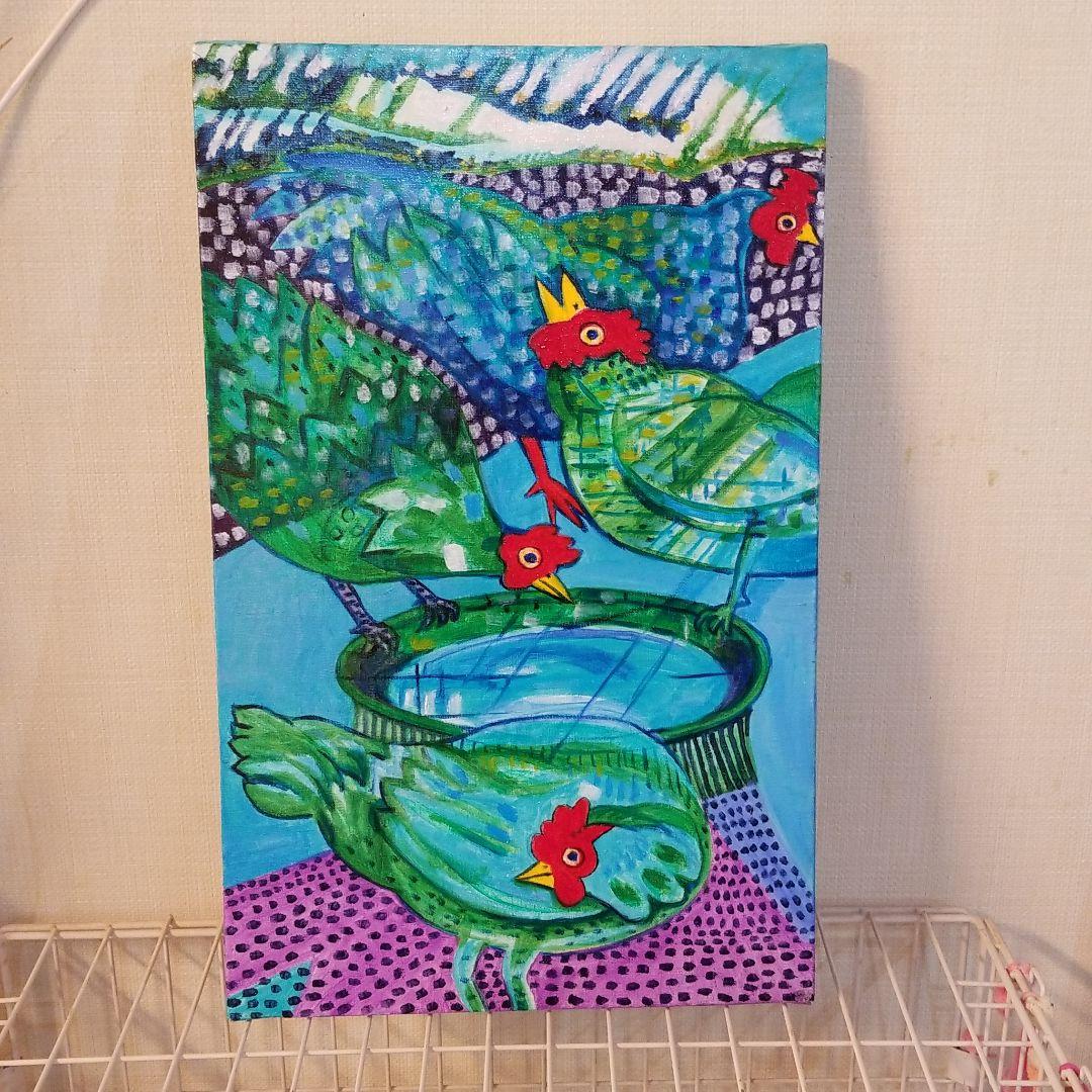 油絵　saosao　緑色のめんどりたち