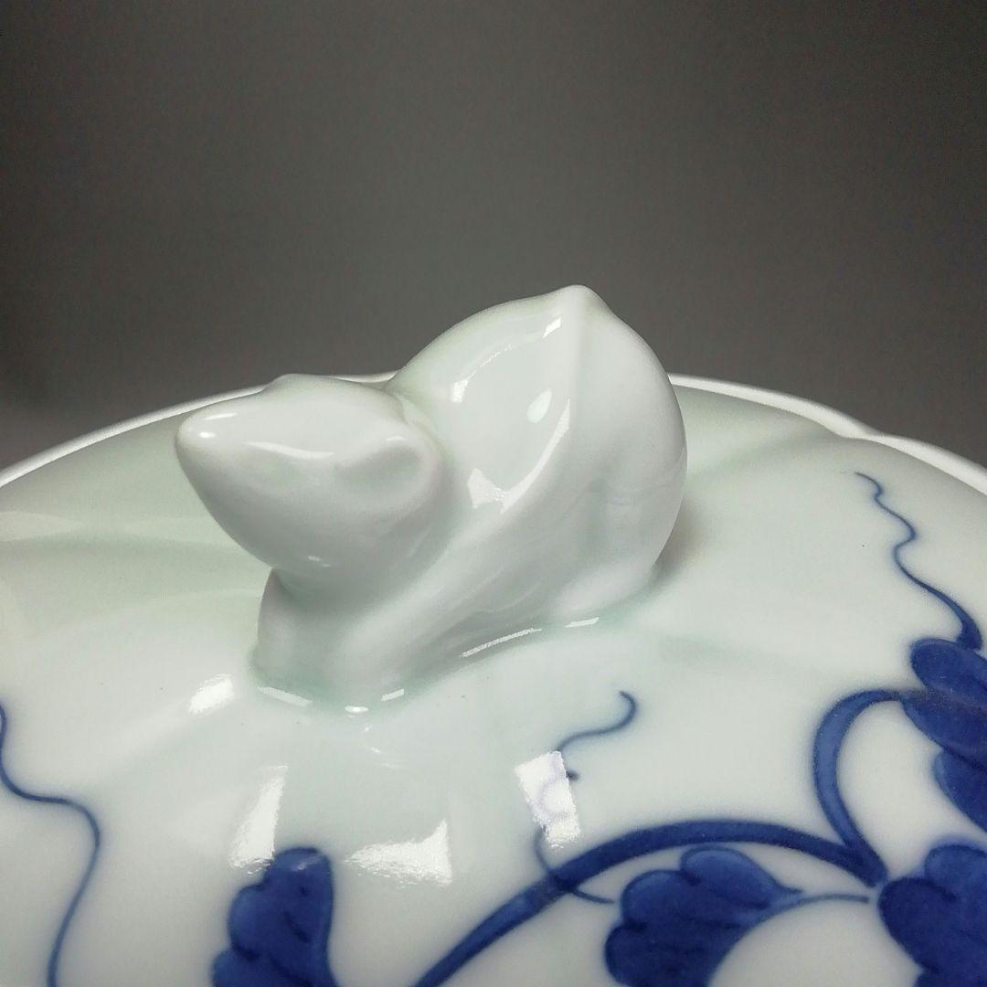 Ｓ３１４　水指　『藍鍋島』『染付瓜文』『りすつまみ』『中村公法作』　共箱　茶道具