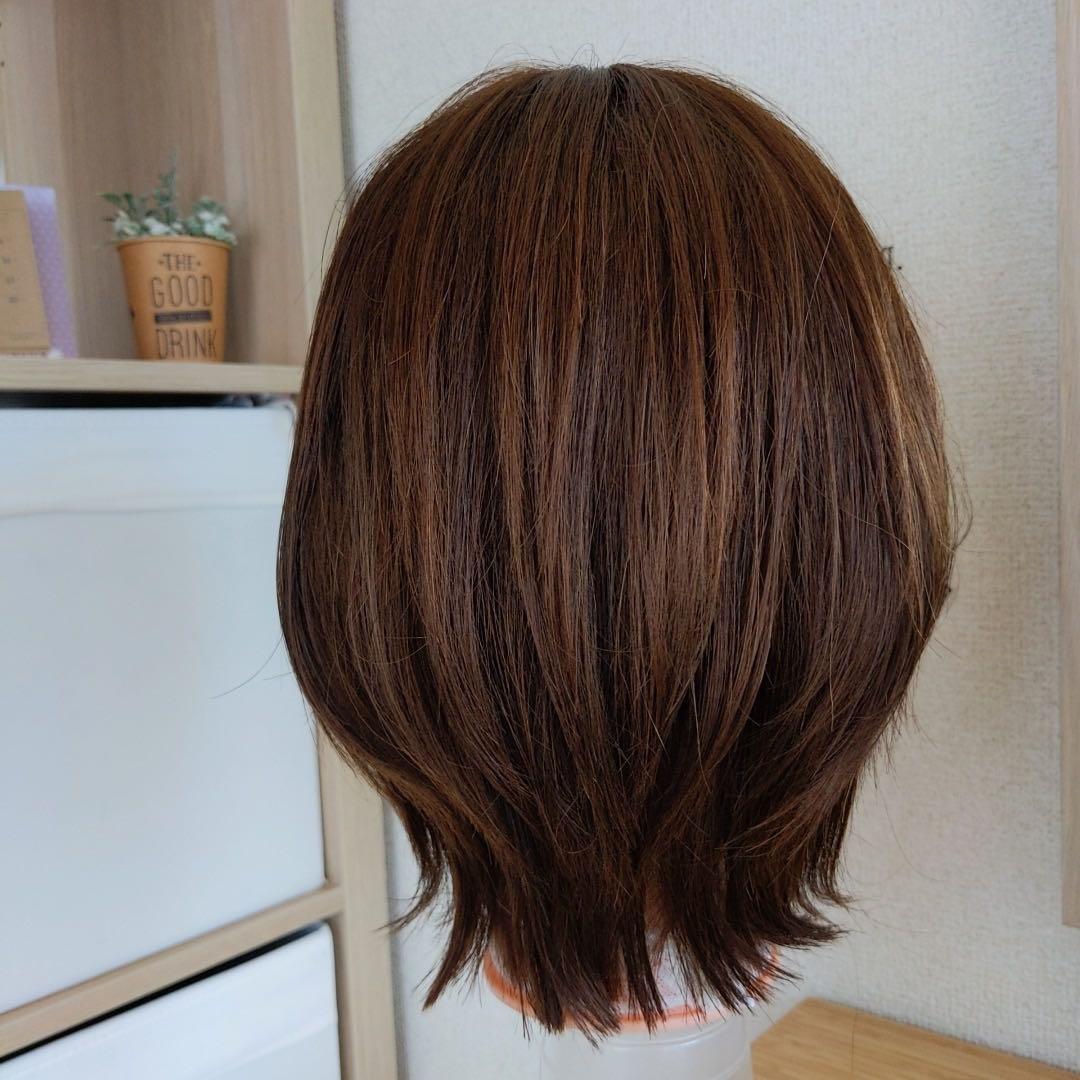 ★サラサラ人毛100%ウイッグ★ショートウルフ　ブラウン　人毛ウイッグ　 かつら