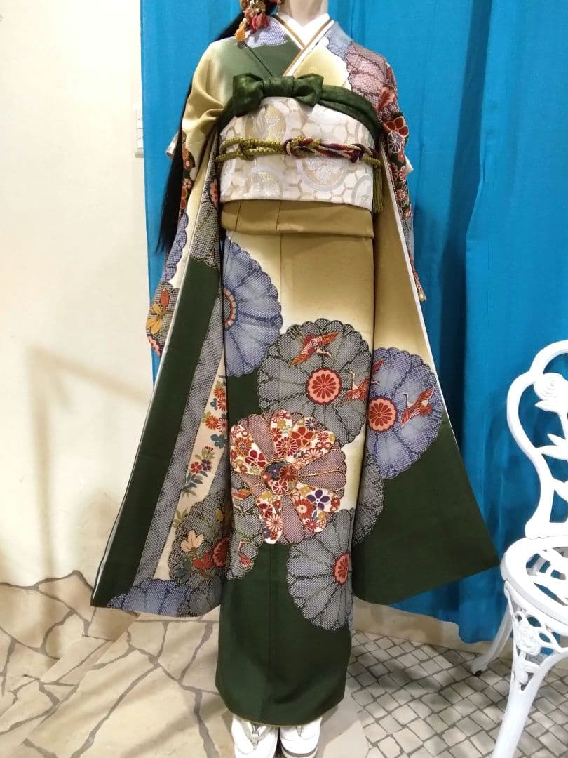 振袖フルセット、正絹振袖レトロ、成人式、重ね衿、帯揚げ帯締め、西陣高級袋帯、襦袢