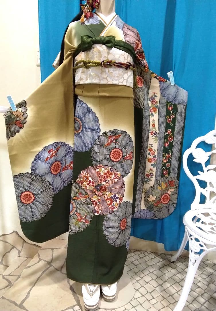 振袖フルセット、正絹振袖レトロ、成人式、重ね衿、帯揚げ帯締め、西陣高級袋帯、襦袢
