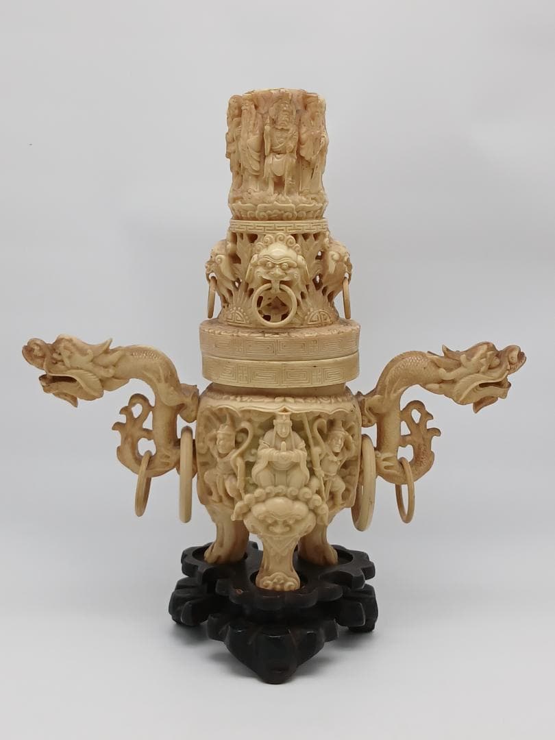 香炉　中国美術工芸　三つ足　獅子　龍　台付き