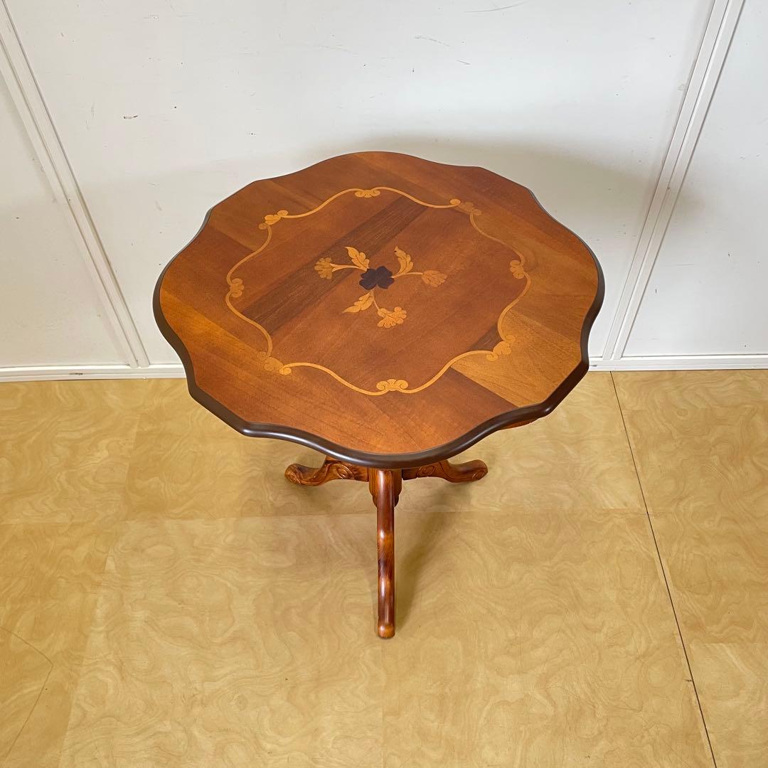 イタリア サイドテーブル 猫脚 象嵌 彫刻 アンティーク調 花台 コンソール