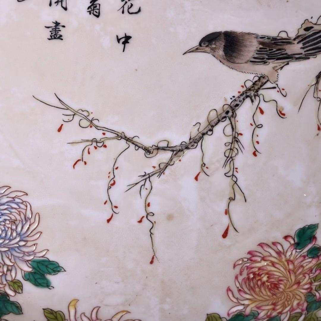 中国古美術・珍蔵粉彩・花鳥彩絵磁器の中皿・純手描き・箱付・置物・文房具・観賞皿