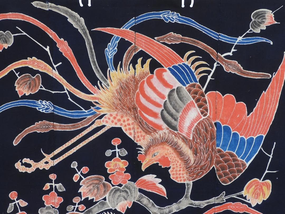 木綿・明治期・筒描4巾・鳳凰の番・アンティーク筒描き