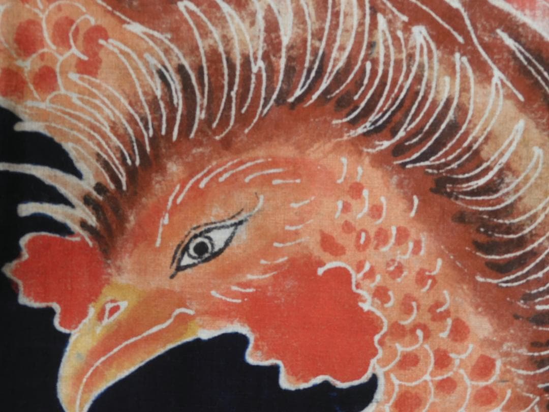 木綿・明治期・筒描4巾・鳳凰の番・アンティーク筒描き